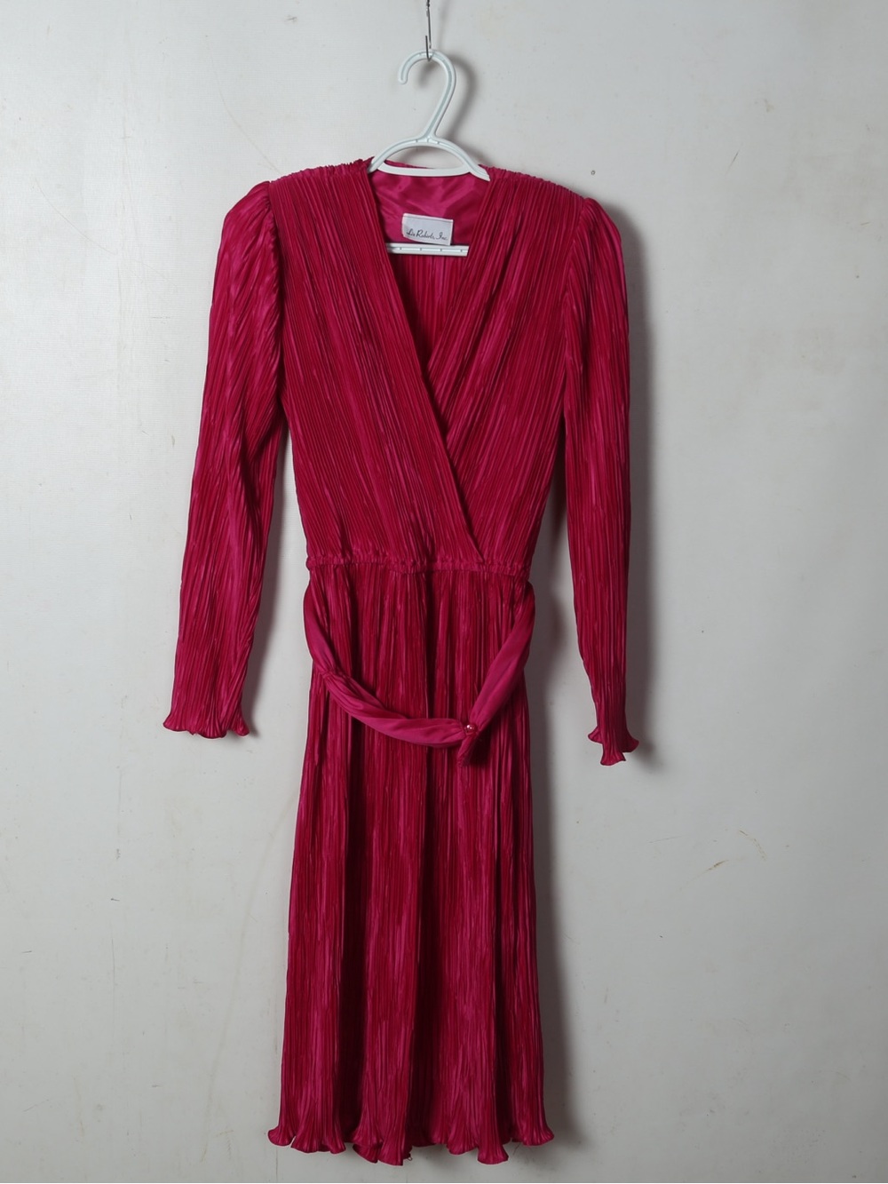 Fuchsia Pleated Wrap-Style Long Sleeve Midi Dress
